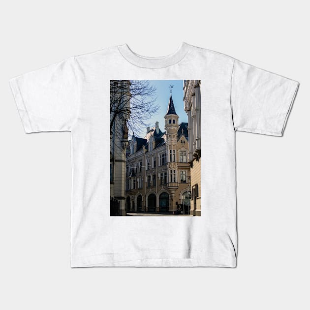 Empty street of Old Riga Town Kids T-Shirt by lena-maximova